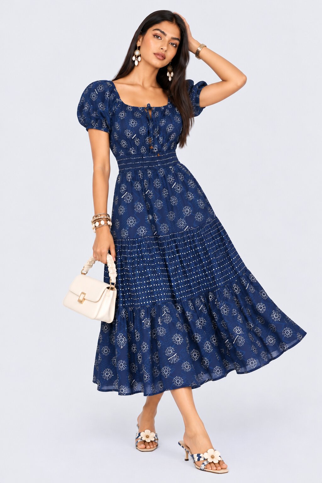 Womens Navy Printed Tiered Midi Dress - Image 6