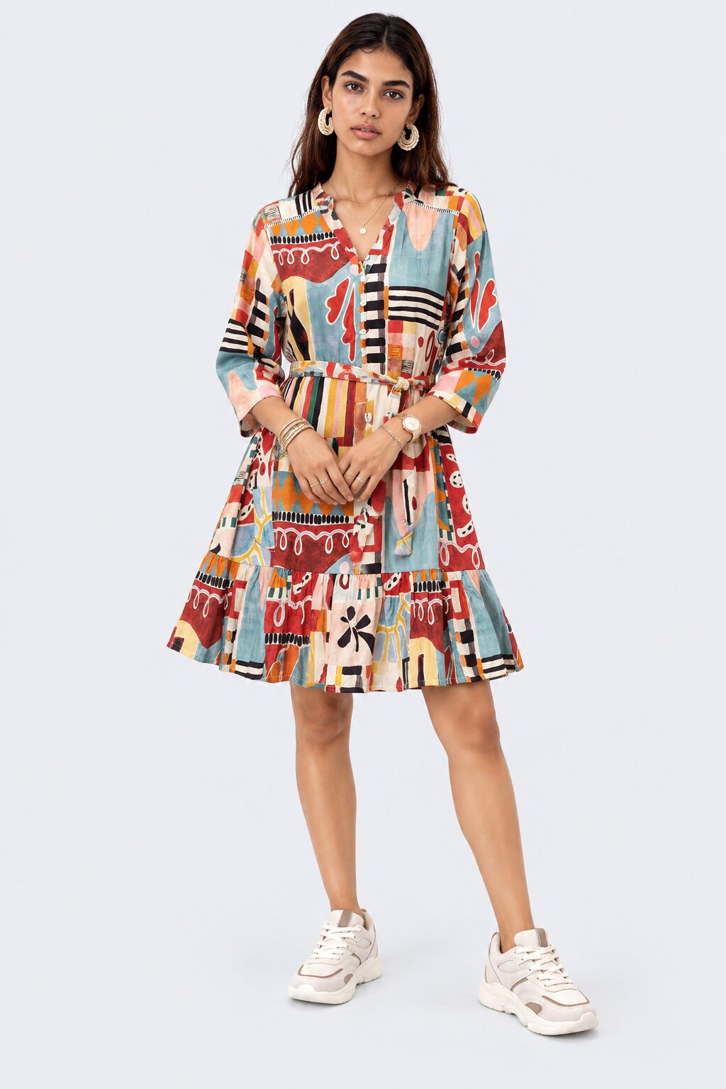 Womens Multicolor Abstract Print Tiered Dress - Image 1