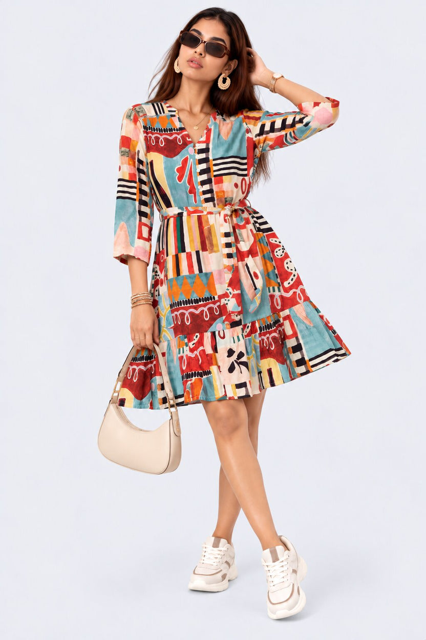 Womens Multicolor Abstract Print Tiered Dress - Image 2