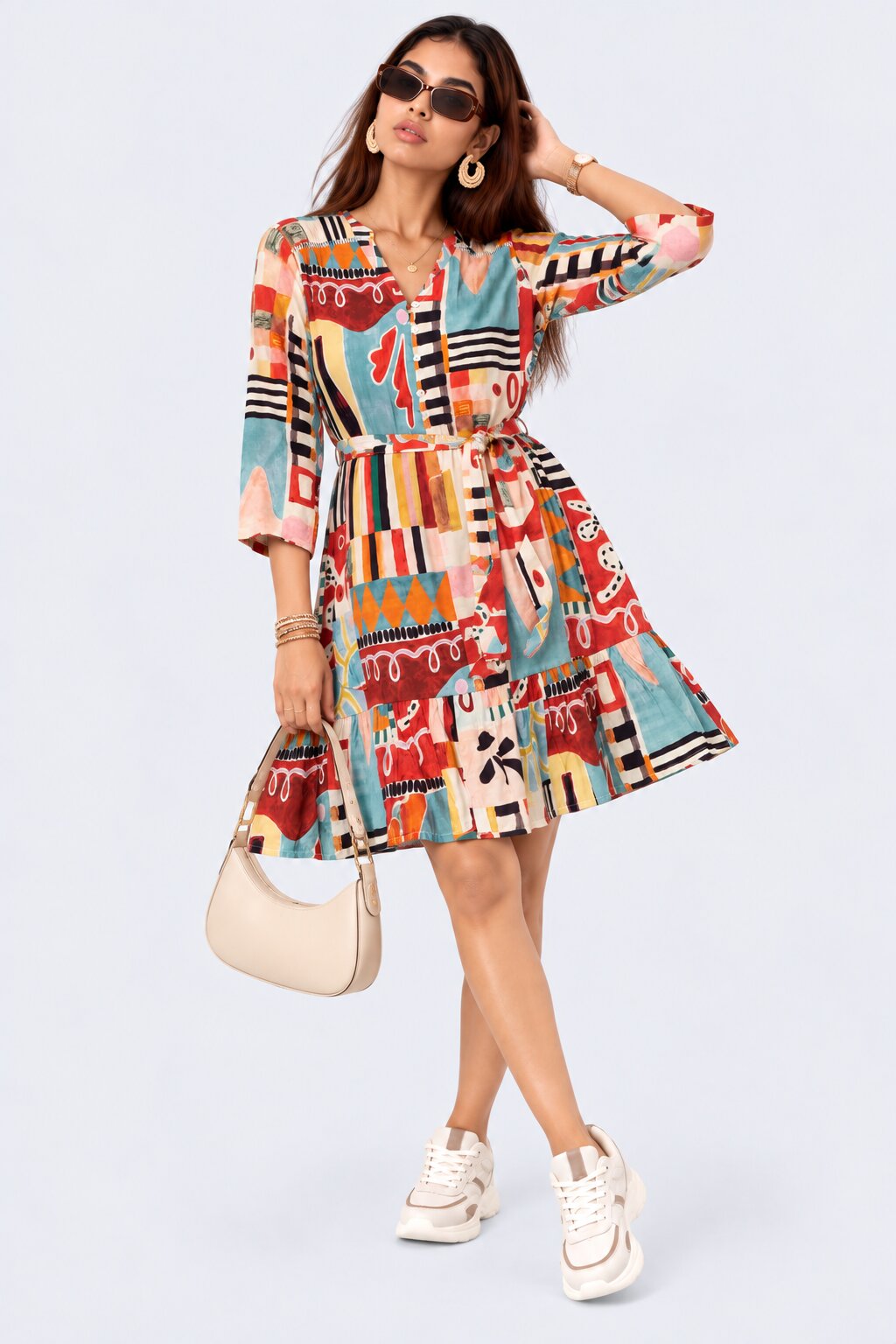Womens Multicolor Abstract Print Tiered Dress - Image 2