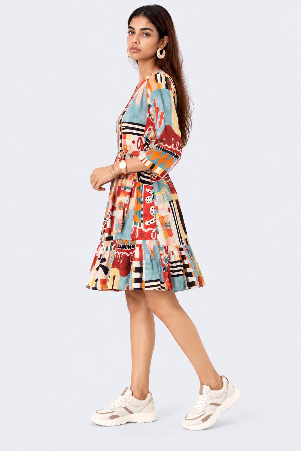 Womens Multicolor Abstract Print Tiered Dress - Image 4