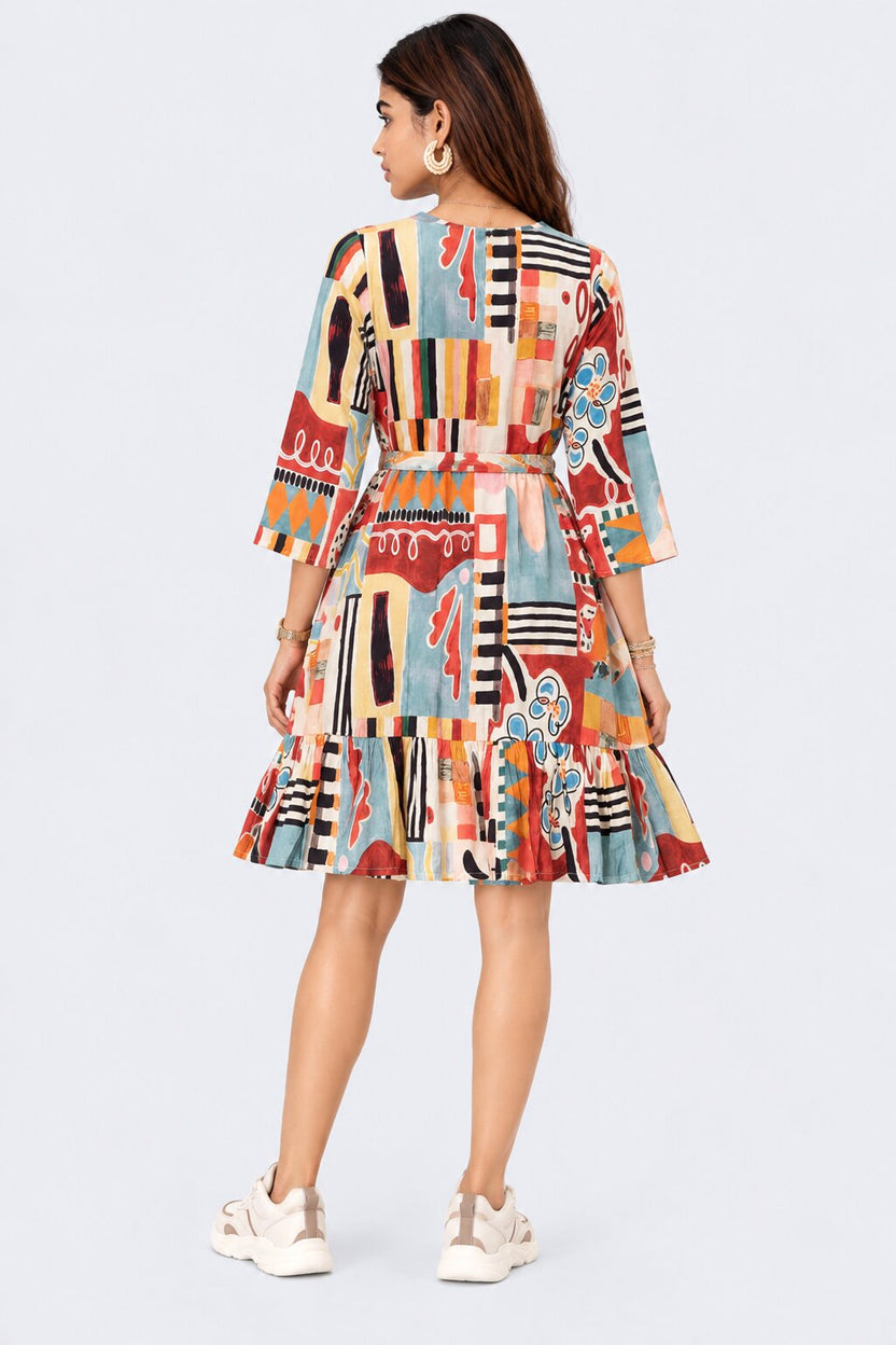 Womens Multicolor Abstract Print Tiered Dress - Image 5