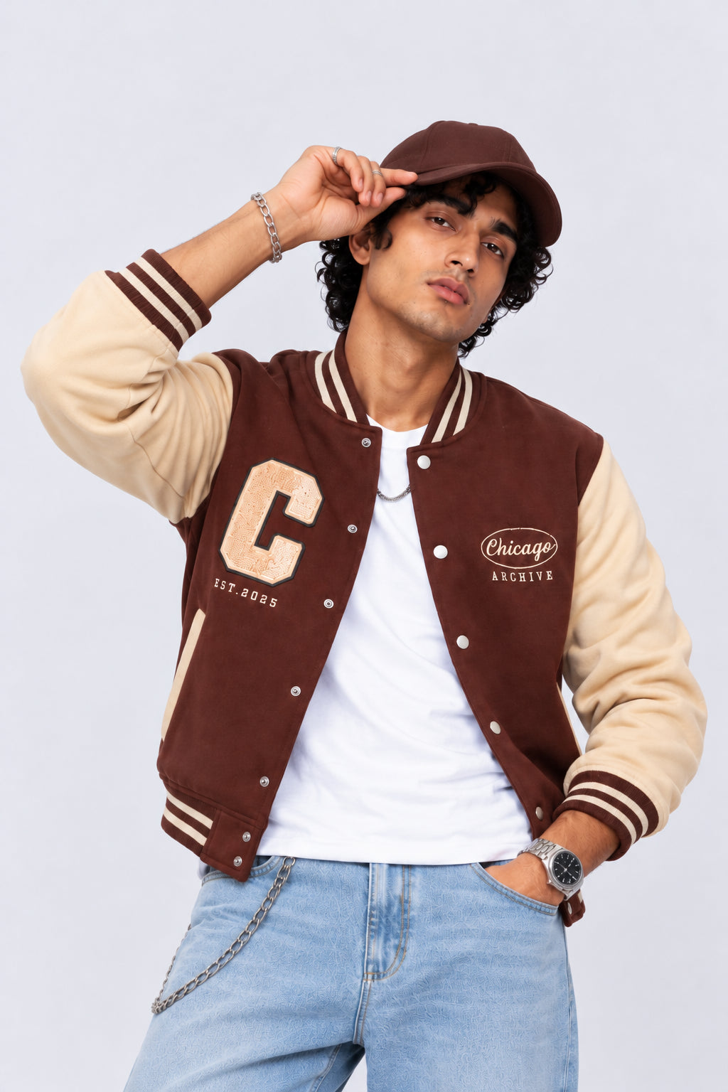 Mens Brown Contrast Sleeve Varsity Jacket - Image 1