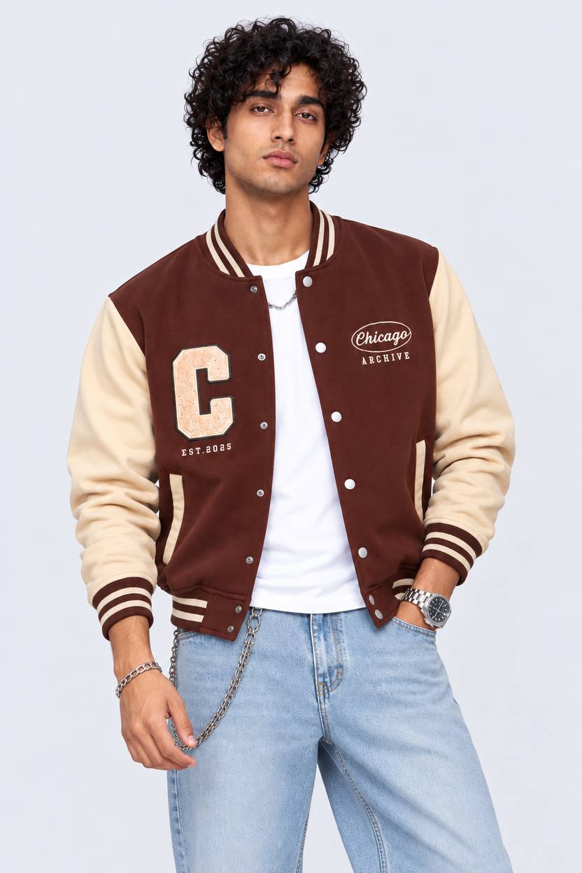 Mens Brown Contrast Sleeve Varsity Jacket - Image 2