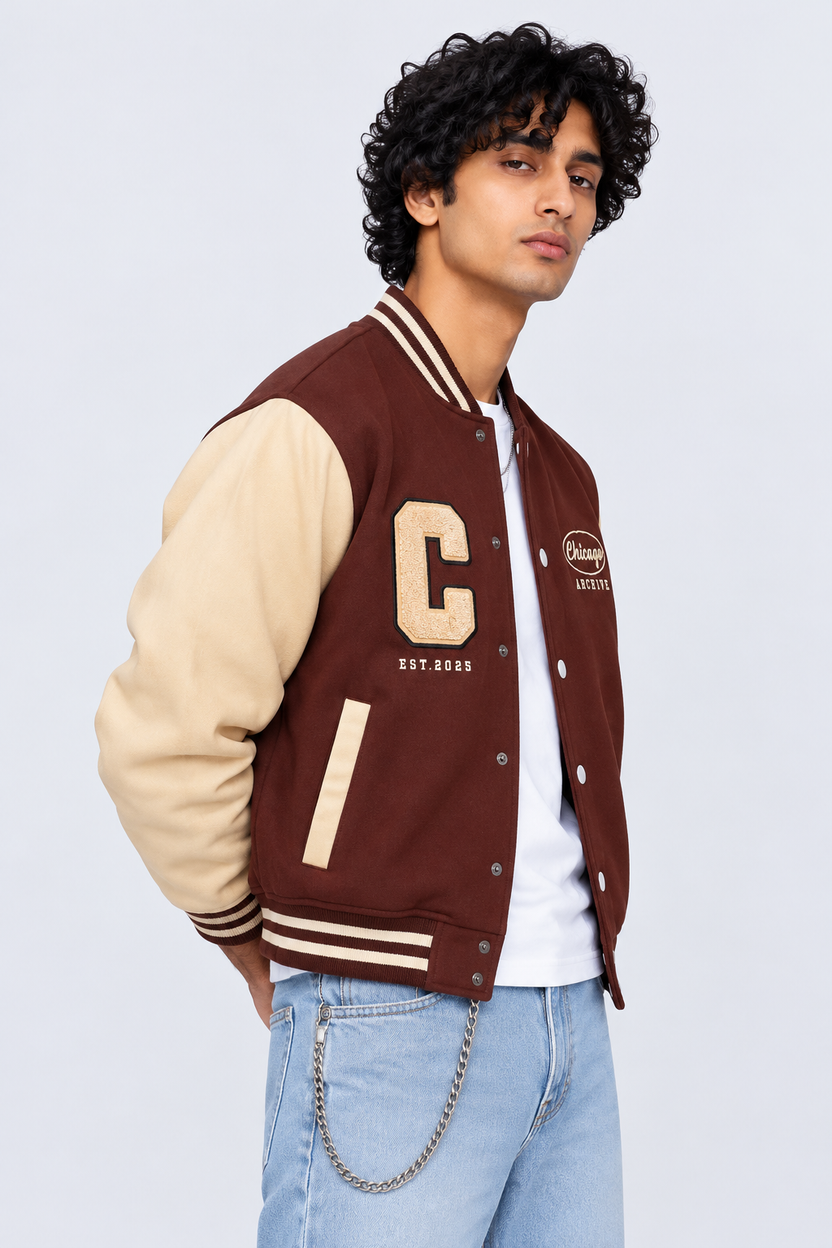 Mens Brown Contrast Sleeve Varsity Jacket - Image 4