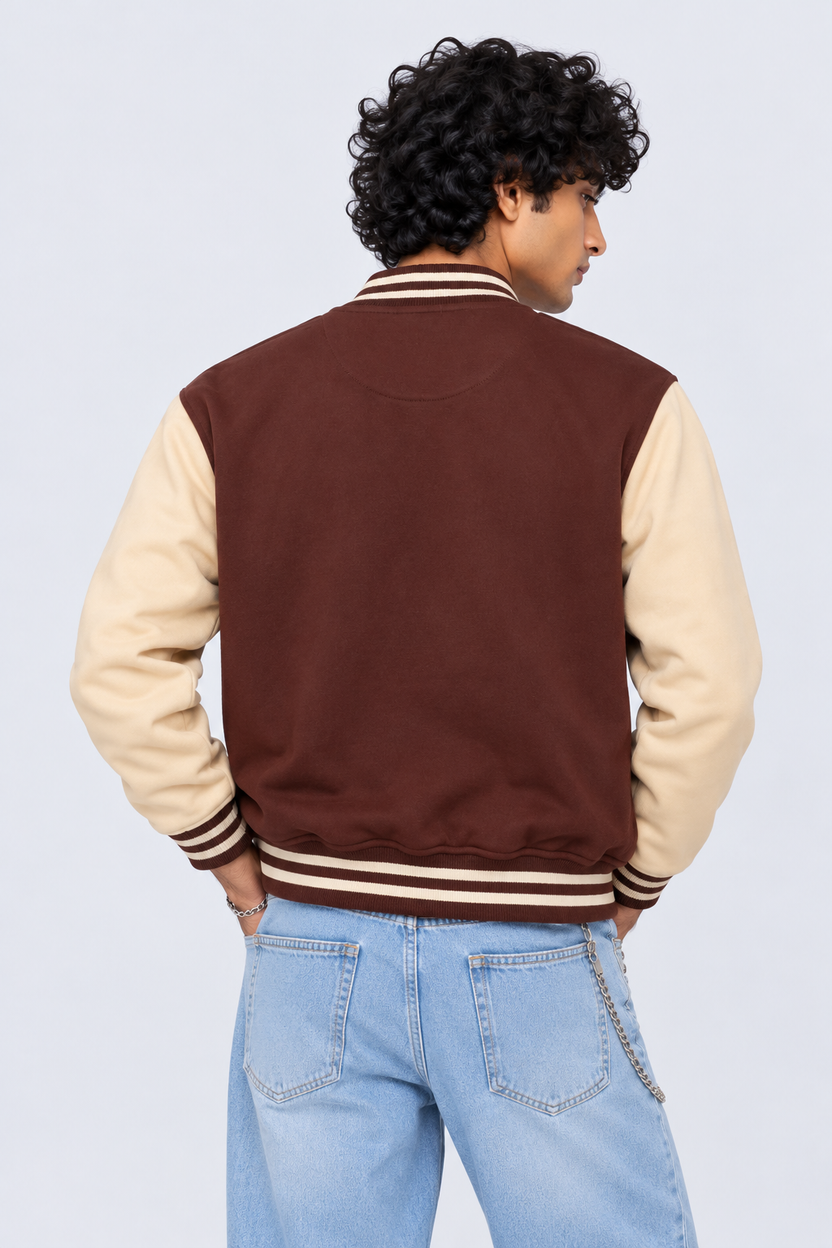 Mens Brown Contrast Sleeve Varsity Jacket - Image 5