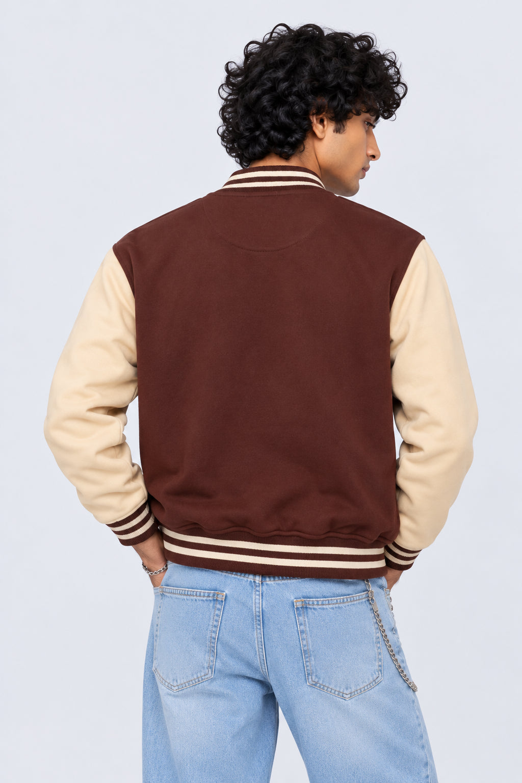 Mens Brown Contrast Sleeve Varsity Jacket - Image 5