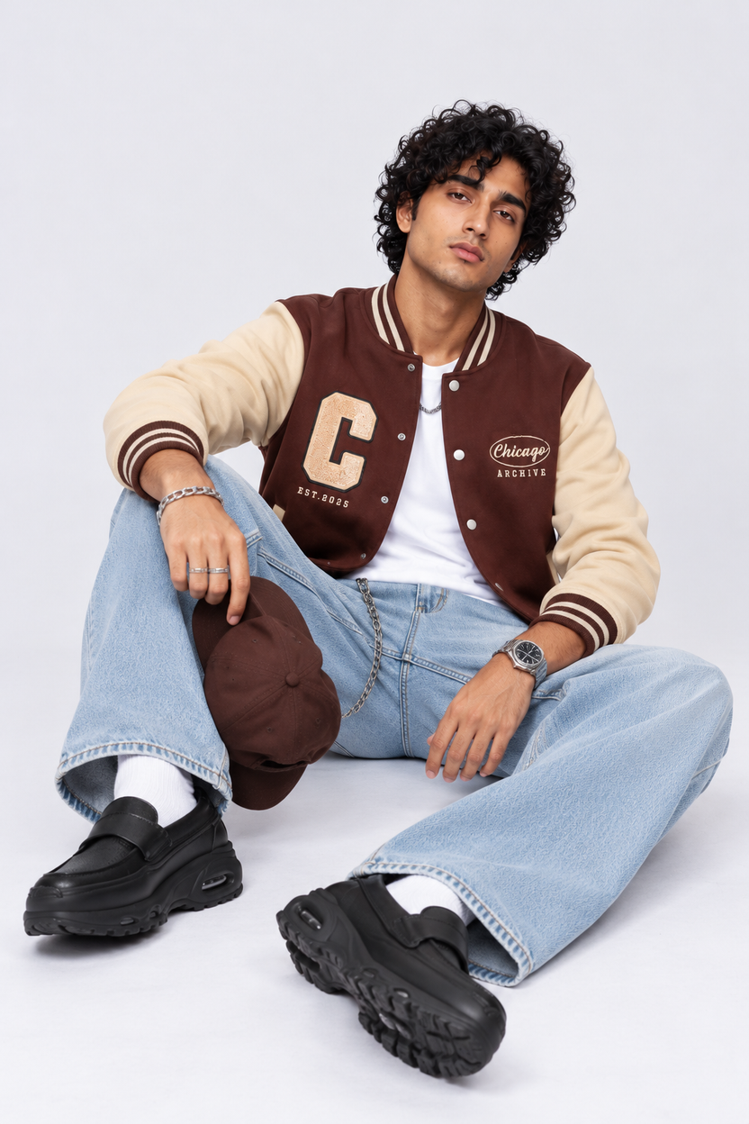 Mens Brown Contrast Sleeve Varsity Jacket - Image 6