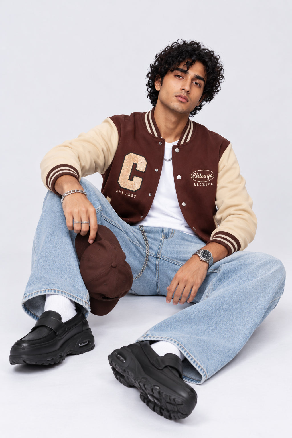 Mens Brown Contrast Sleeve Varsity Jacket - Image 6