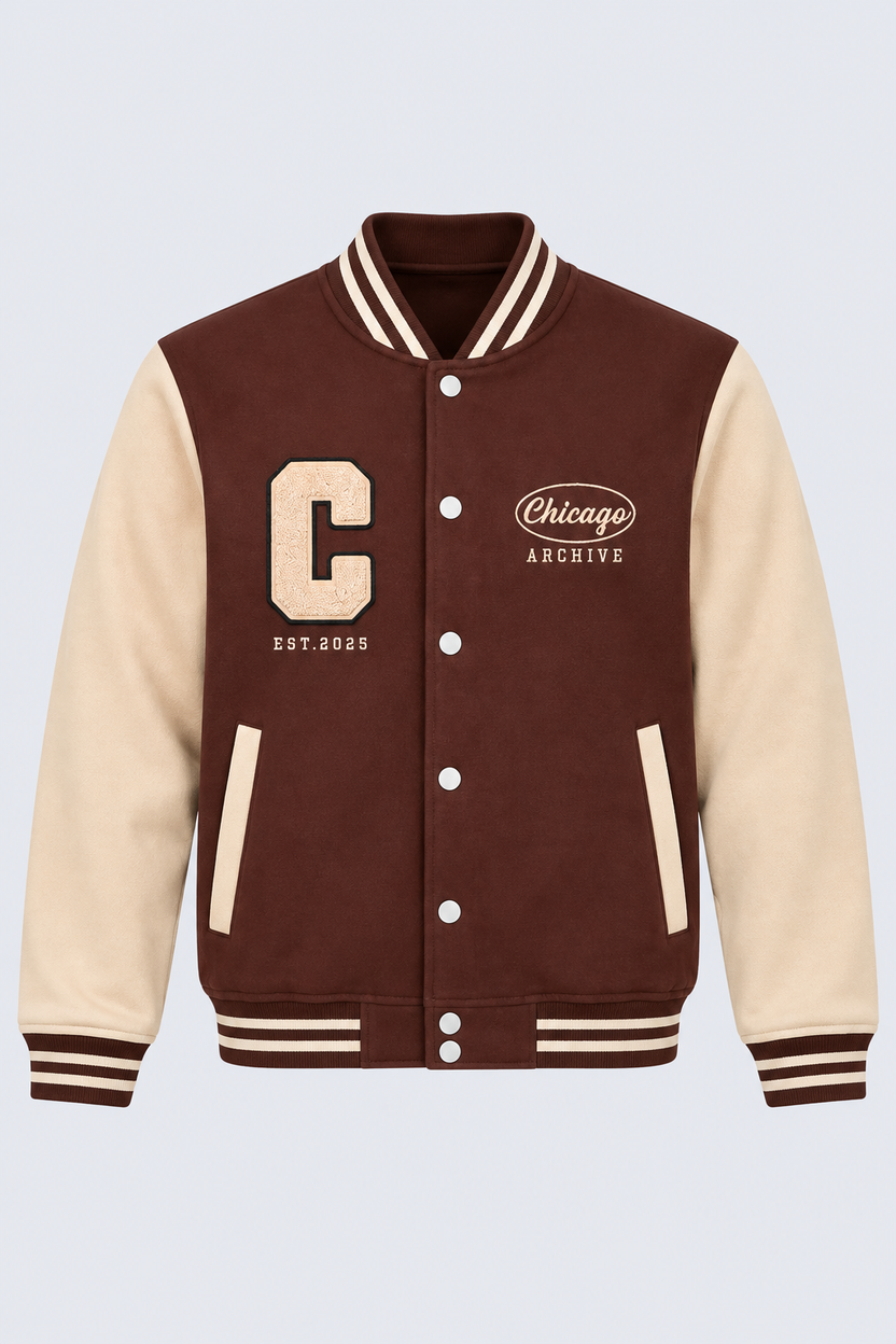 Mens Brown Contrast Sleeve Varsity Jacket - Image 7