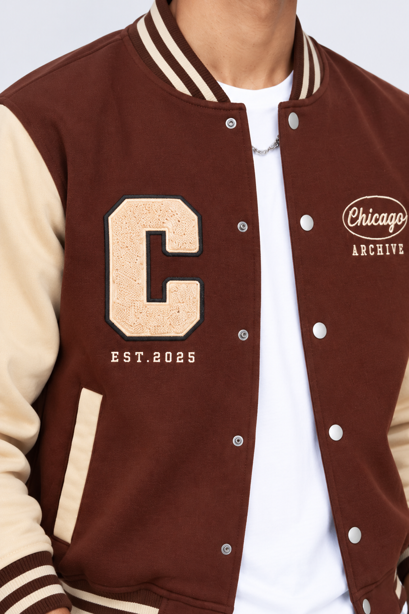 Mens Brown Contrast Sleeve Varsity Jacket - Image 9