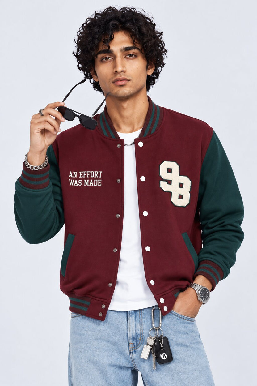 Mens Maroon Contrast Sleeve Varsity Jacket - Image 1
