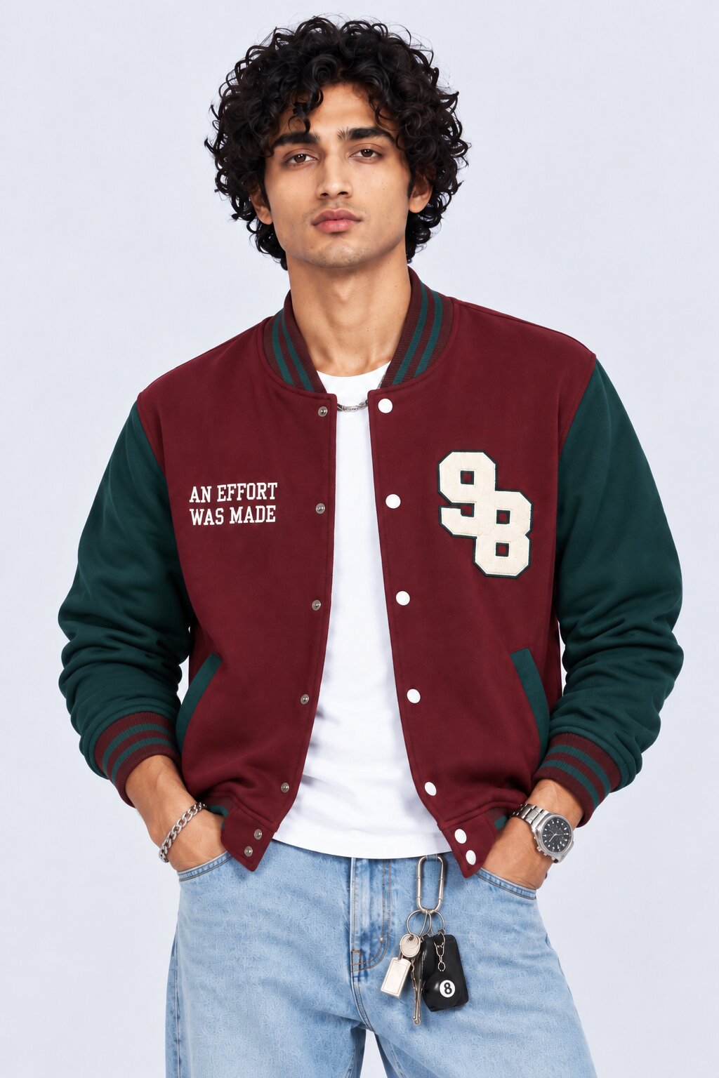 Mens Maroon Contrast Sleeve Varsity Jacket - Image 2