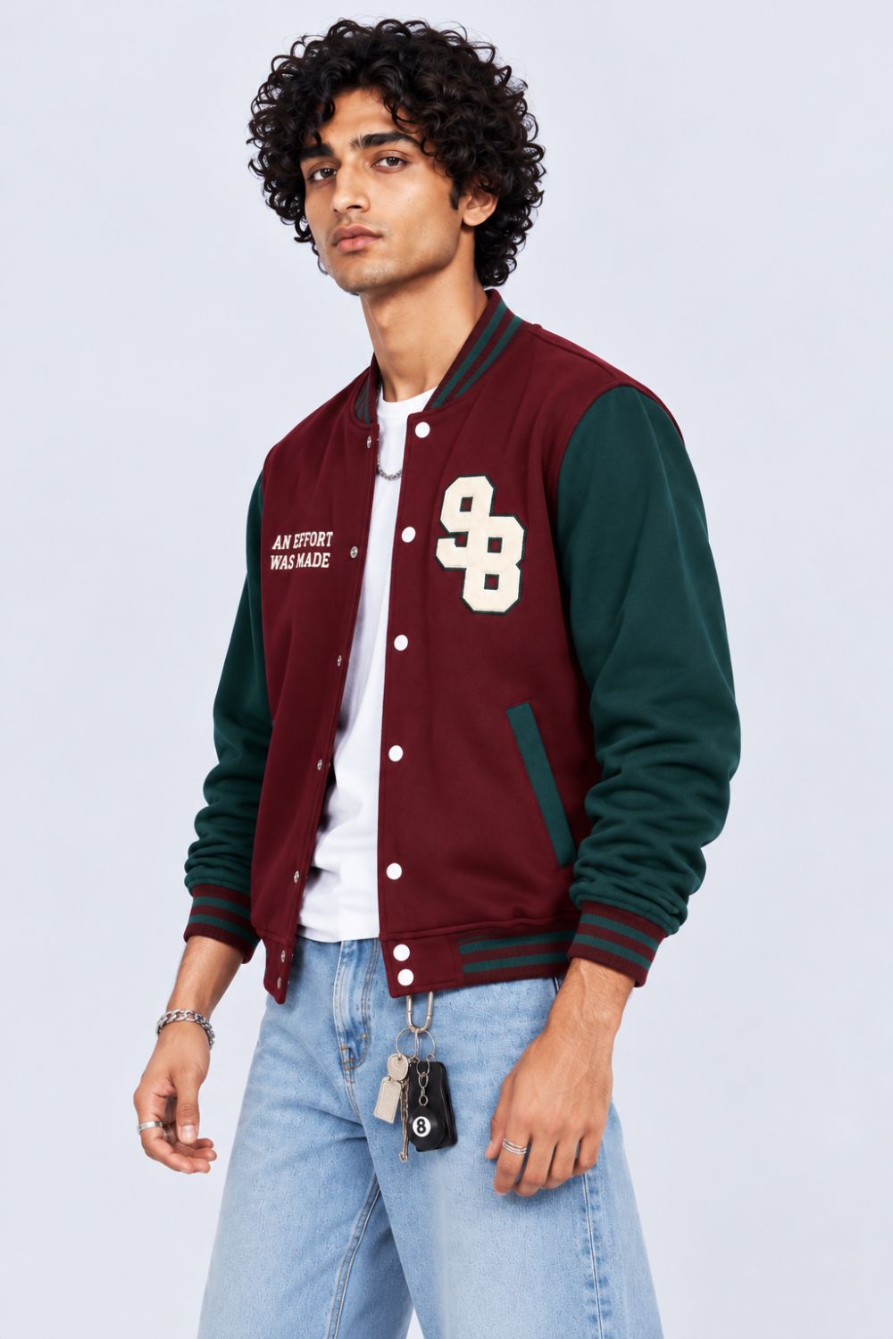 Mens Maroon Contrast Sleeve Varsity Jacket - Image 4