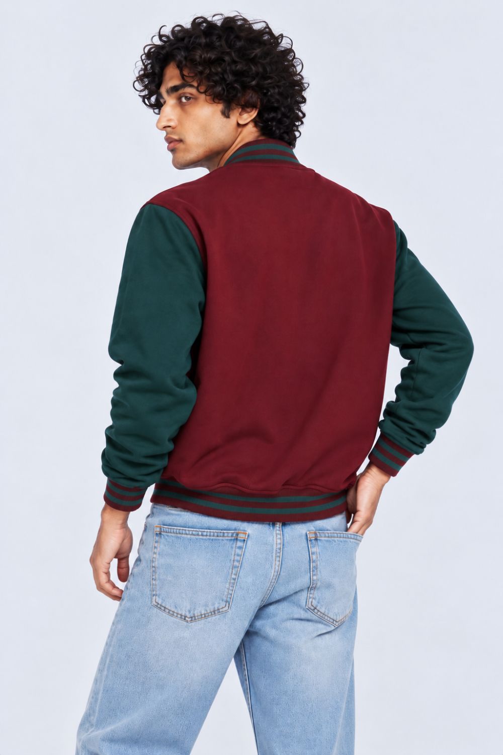 Mens Maroon Contrast Sleeve Varsity Jacket - Image 5