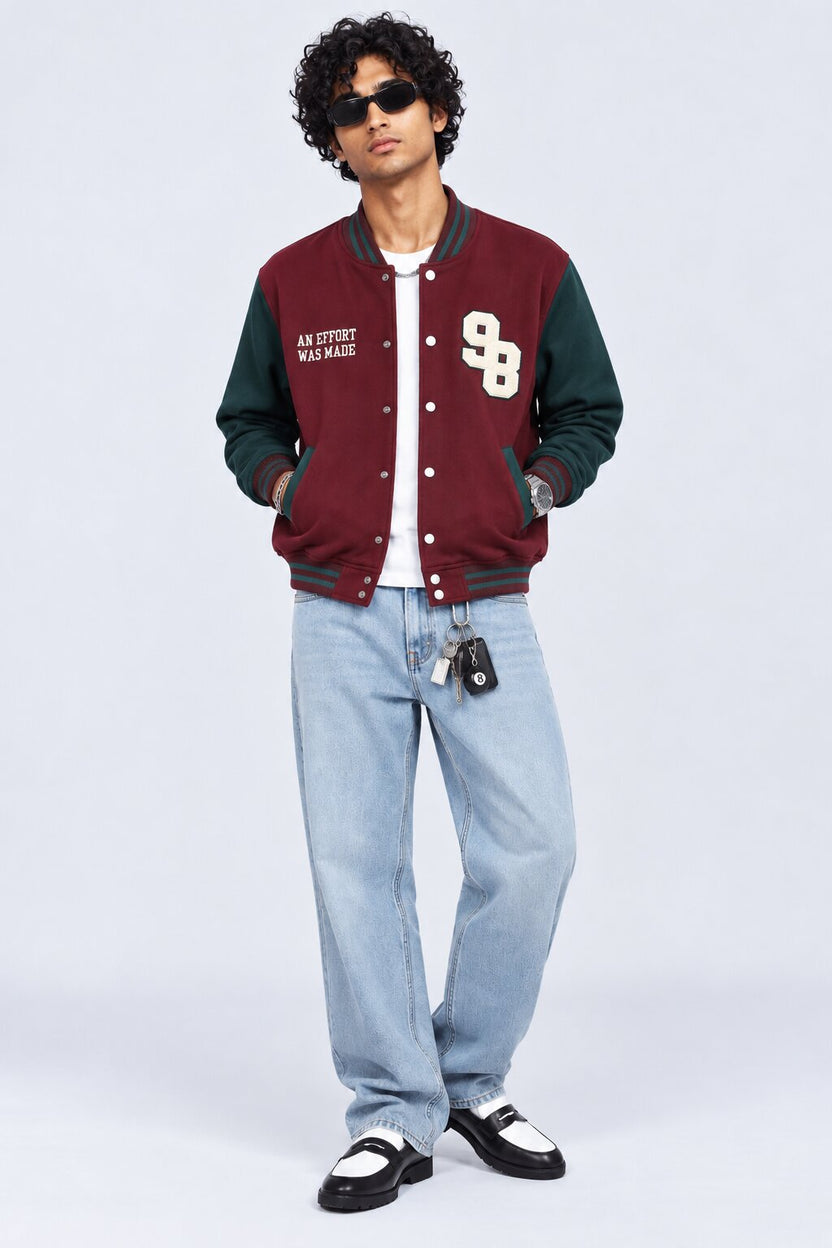Mens Maroon Contrast Sleeve Varsity Jacket - Image 6