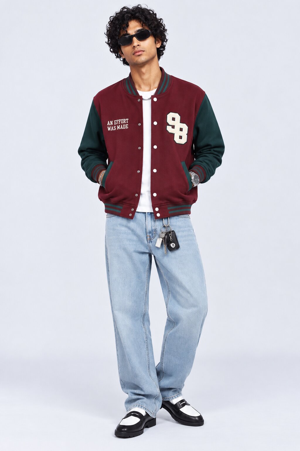 Mens Maroon Contrast Sleeve Varsity Jacket - Image 6