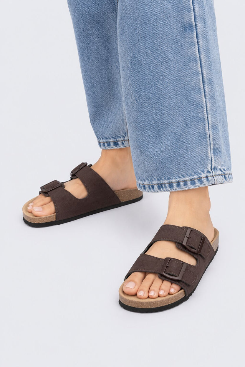 Womens Brown Double Buckle Comfort Slides - Image 1