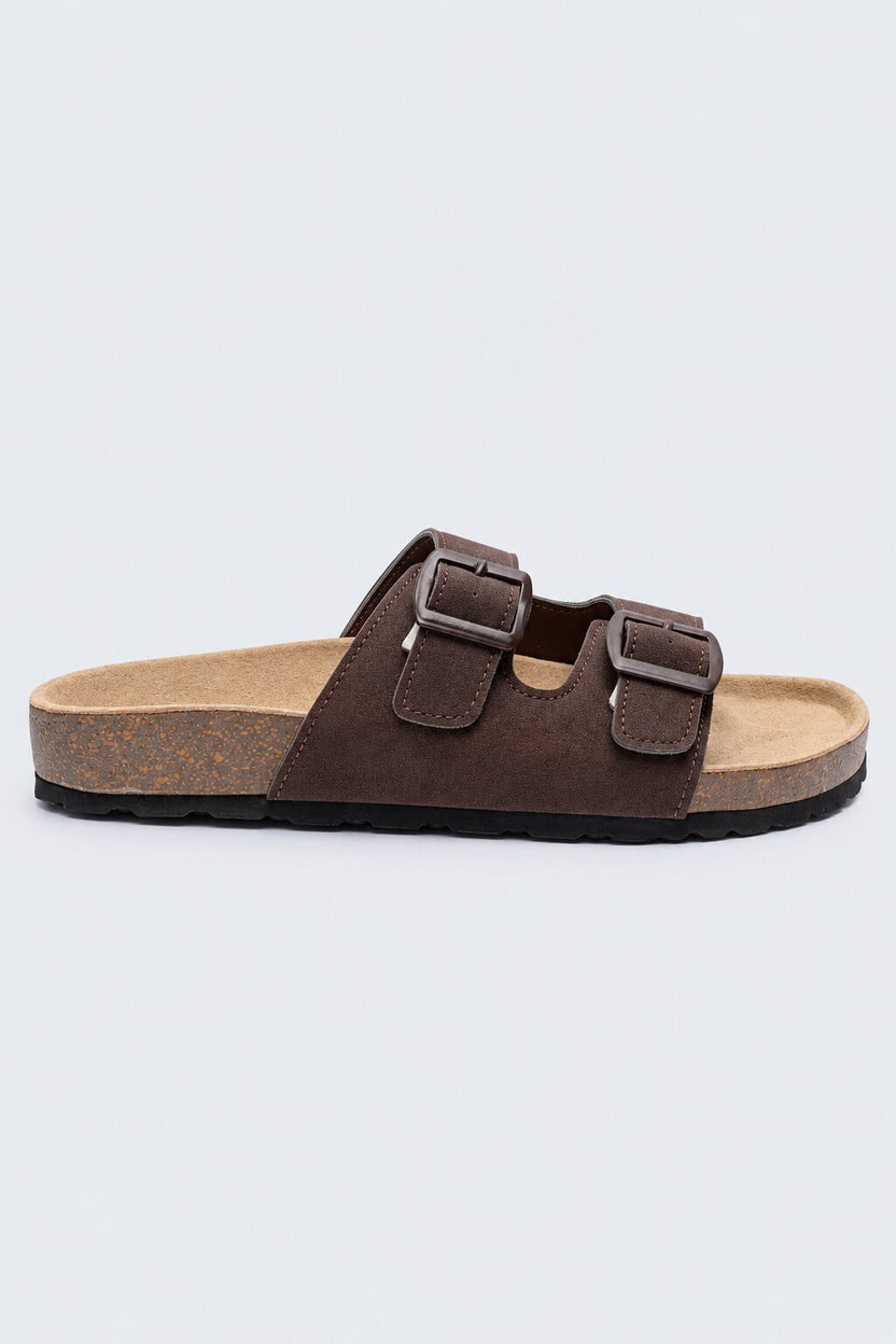 Womens Brown Double Buckle Comfort Slides - Image 2