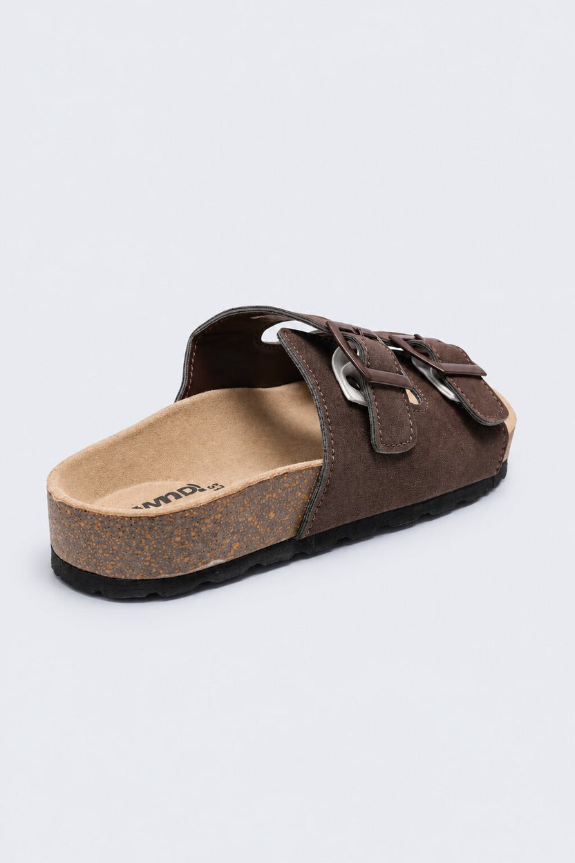 Womens Brown Double Buckle Comfort Slides - Image 3