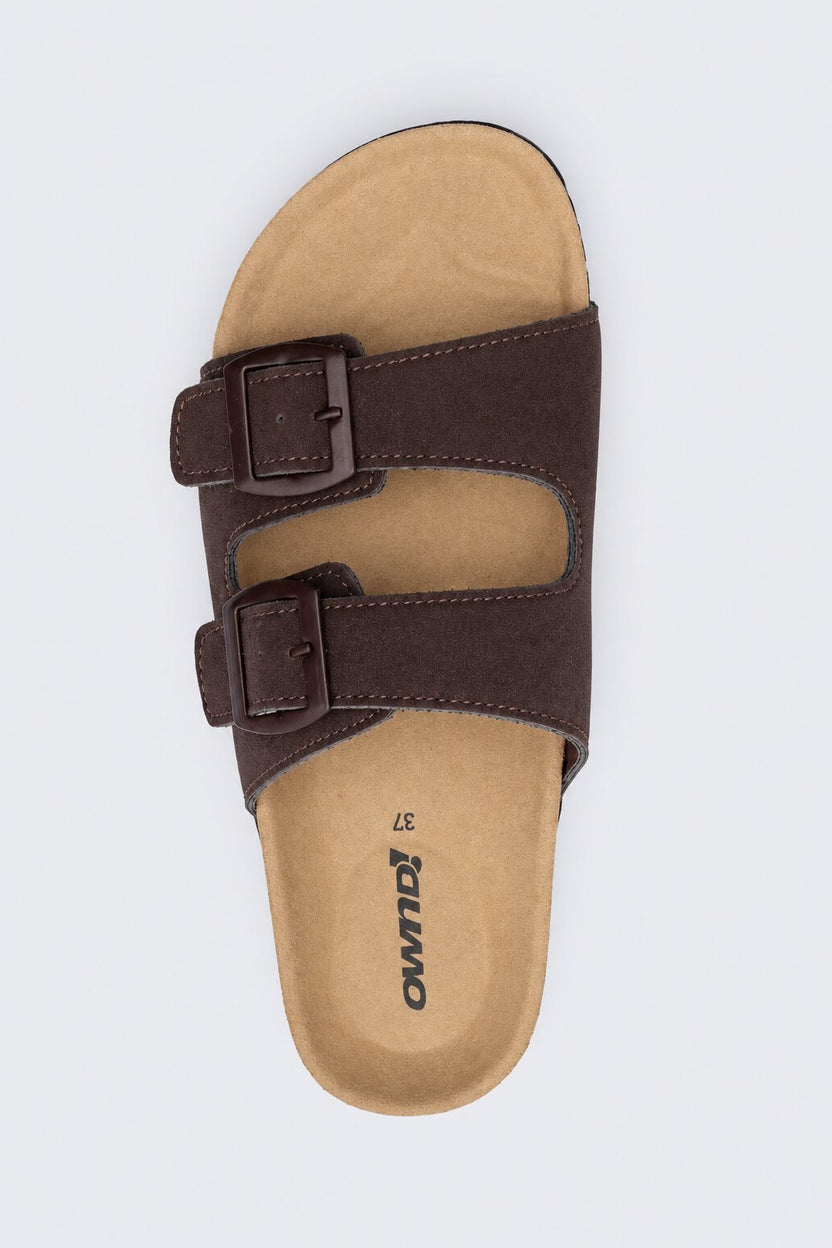 Womens Brown Double Buckle Comfort Slides - Image 4