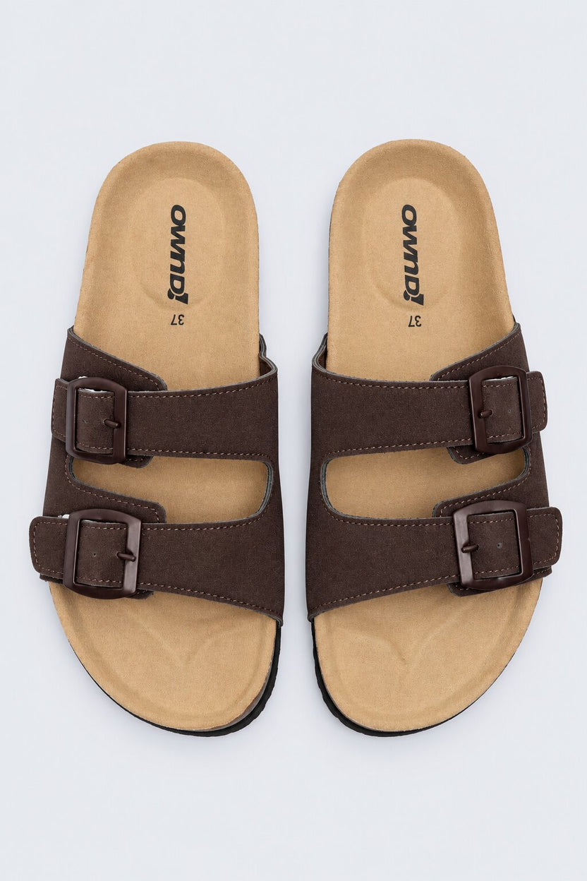 Womens Brown Double Buckle Comfort Slides - Image 6