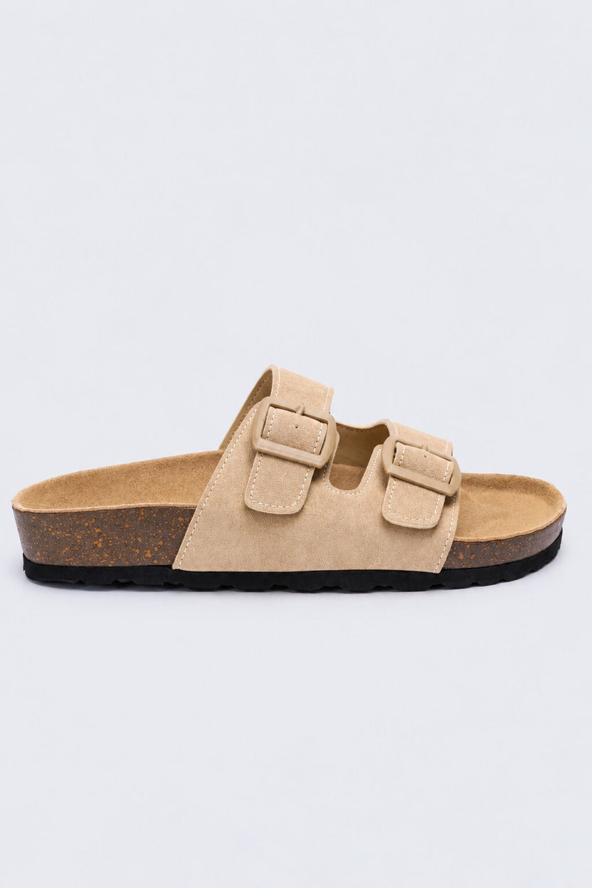 Womens Beige Double Buckle Comfort Slides - Image 2