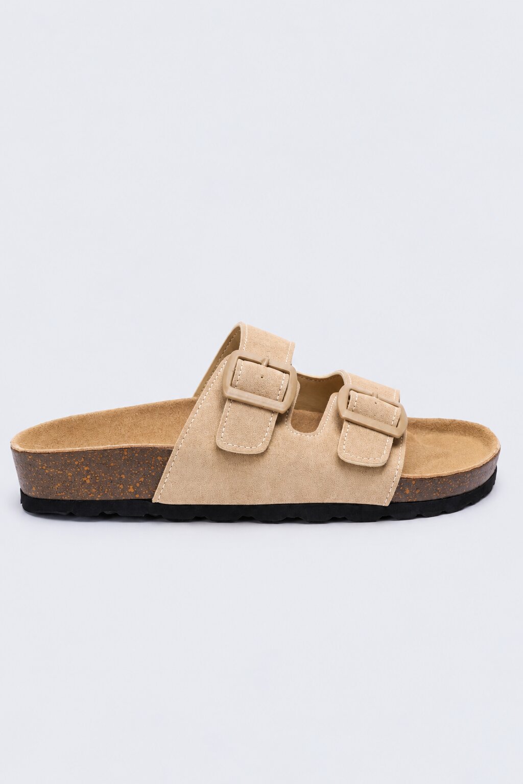 Womens Beige Double Buckle Comfort Slides - Image 2