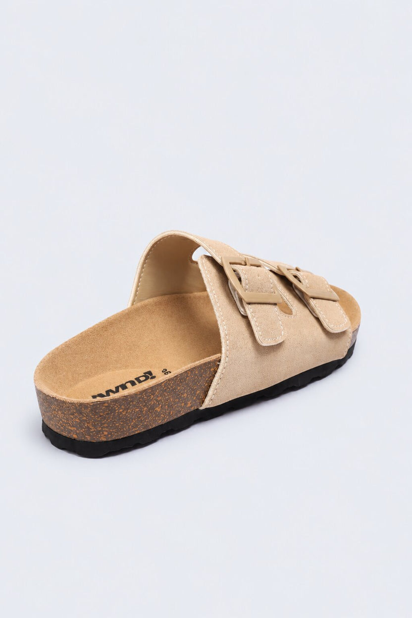 Womens Beige Double Buckle Comfort Slides - Image 3
