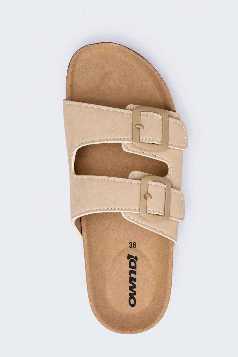 Womens Beige Double Buckle Comfort Slides - Image 4