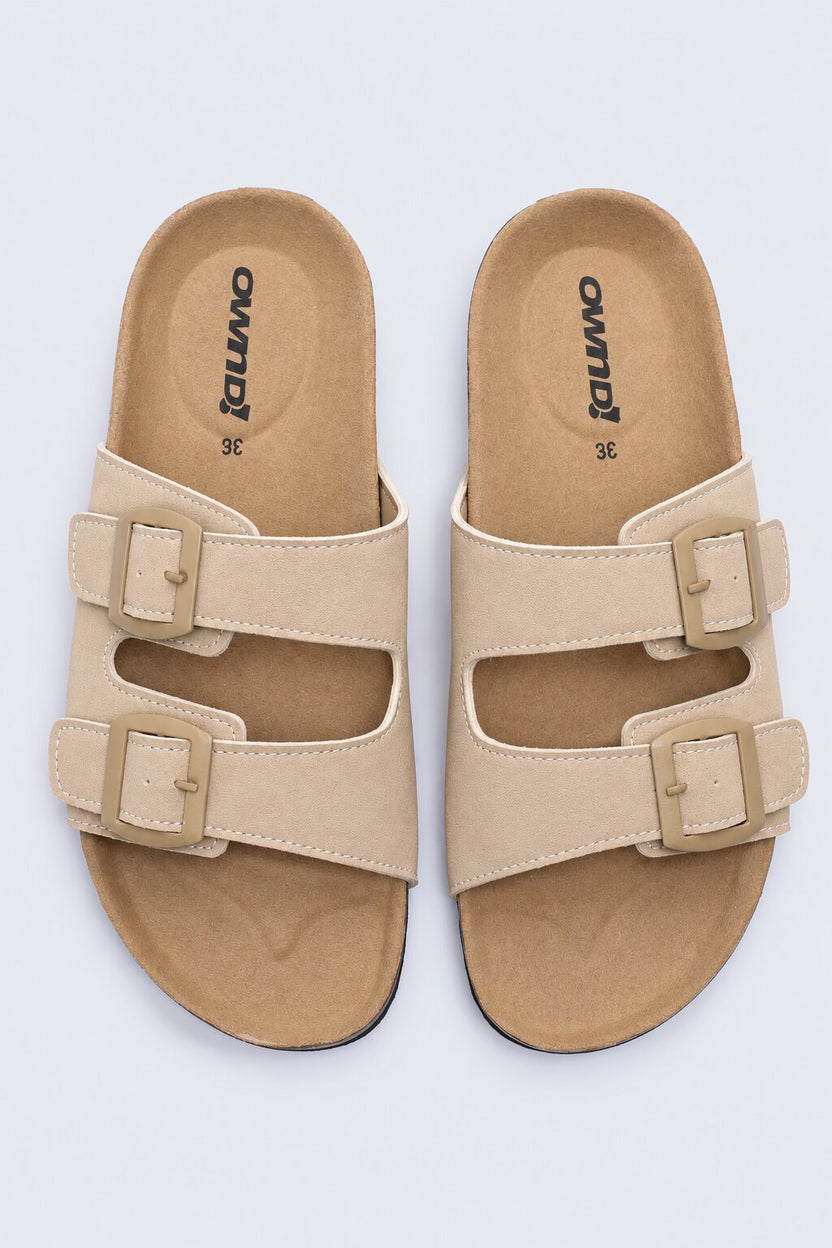 Womens Beige Double Buckle Comfort Slides - Image 5