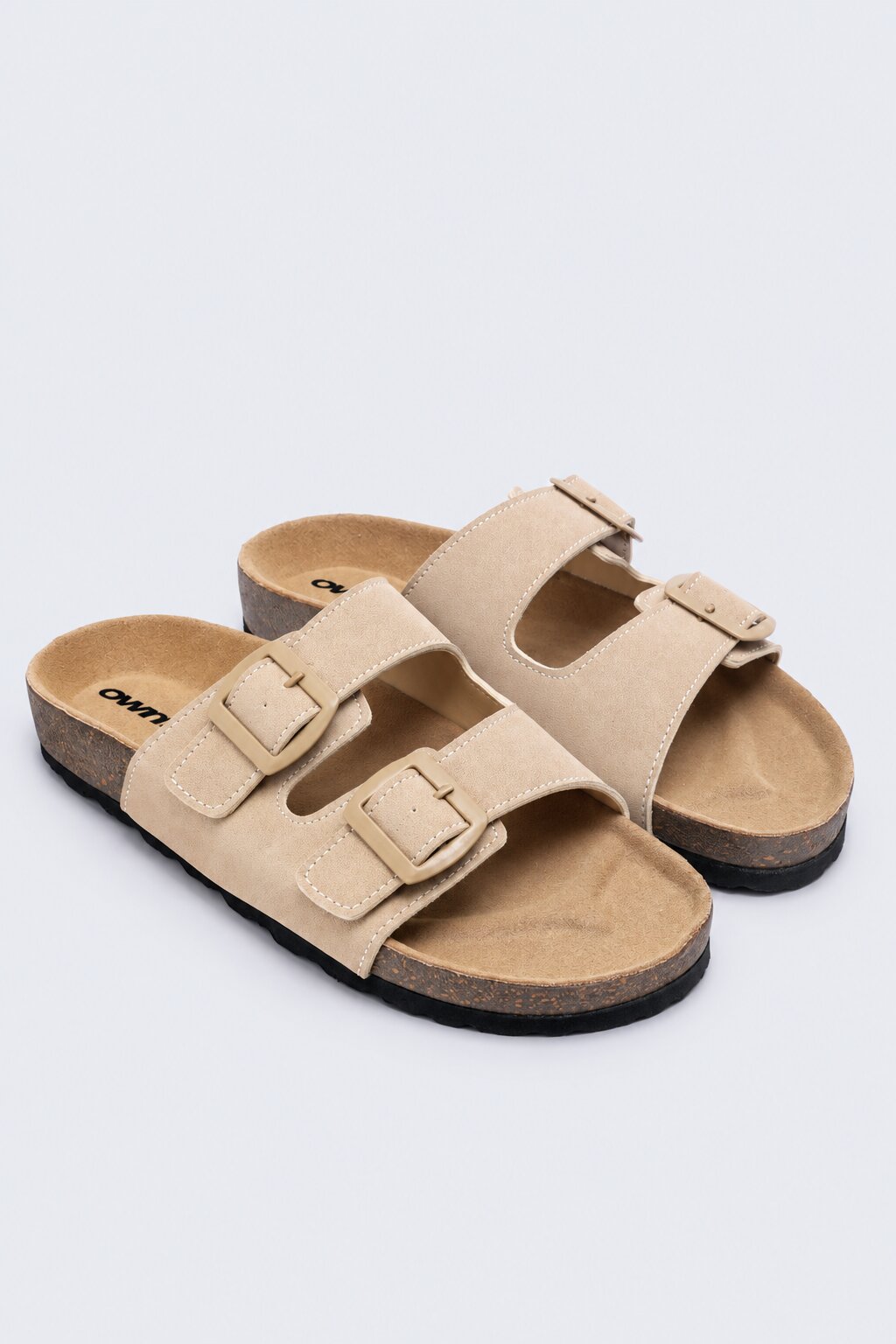 Womens Beige Double Buckle Comfort Slides - Image 6