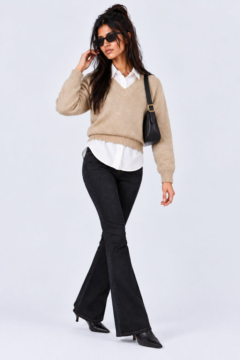 Womens Beige V-Neck Knit Pullover Sweater - Image 1
