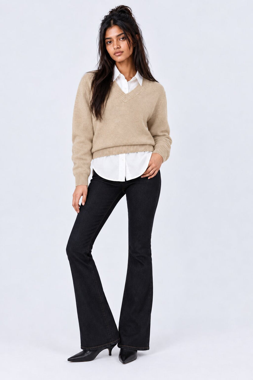 Womens Beige V-Neck Knit Pullover Sweater - Image 2