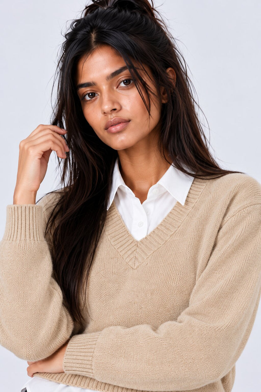 Womens Beige V-Neck Knit Pullover Sweater - Image 3