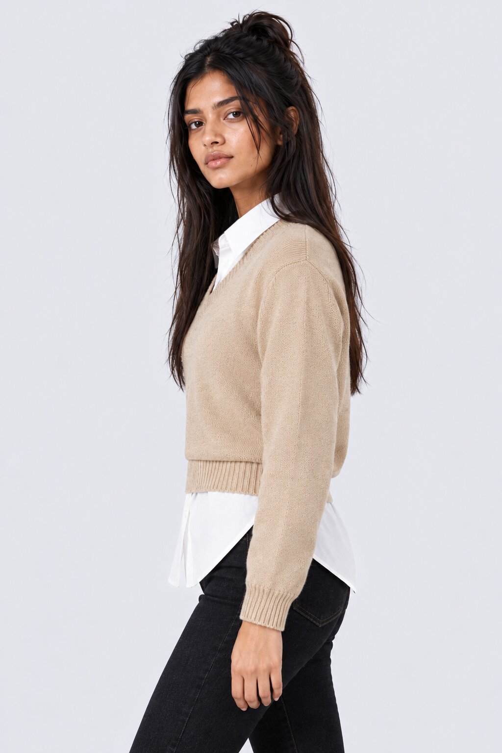 Womens Beige V-Neck Knit Pullover Sweater - Image 4