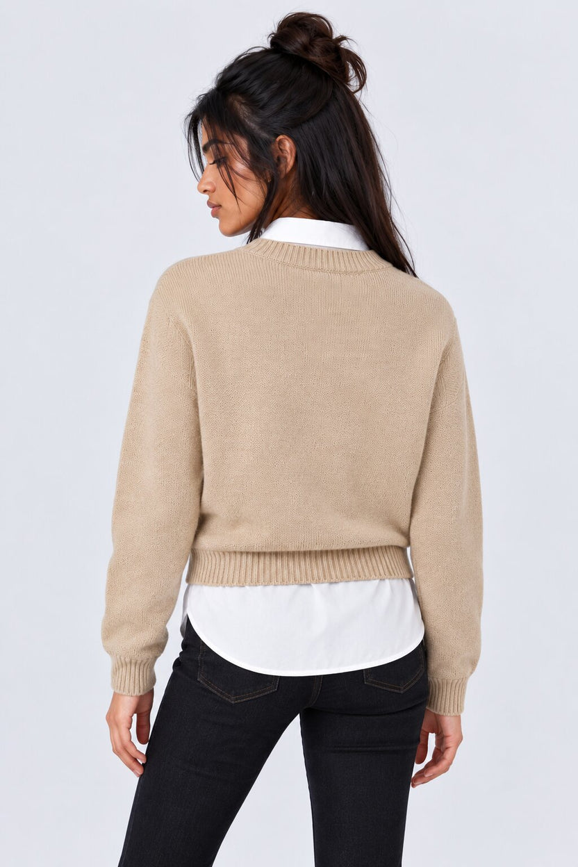 Womens Beige V-Neck Knit Pullover Sweater - Image 5