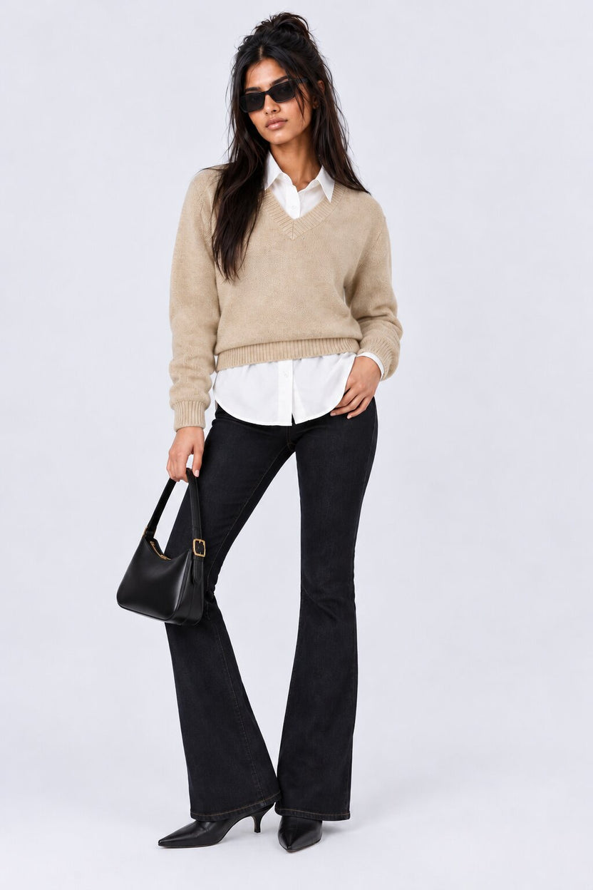 Womens Beige V-Neck Knit Pullover Sweater - Image 6