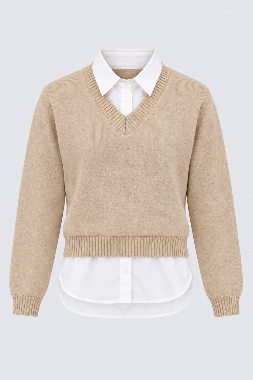 Womens Beige V-Neck Knit Pullover Sweater - Image 7