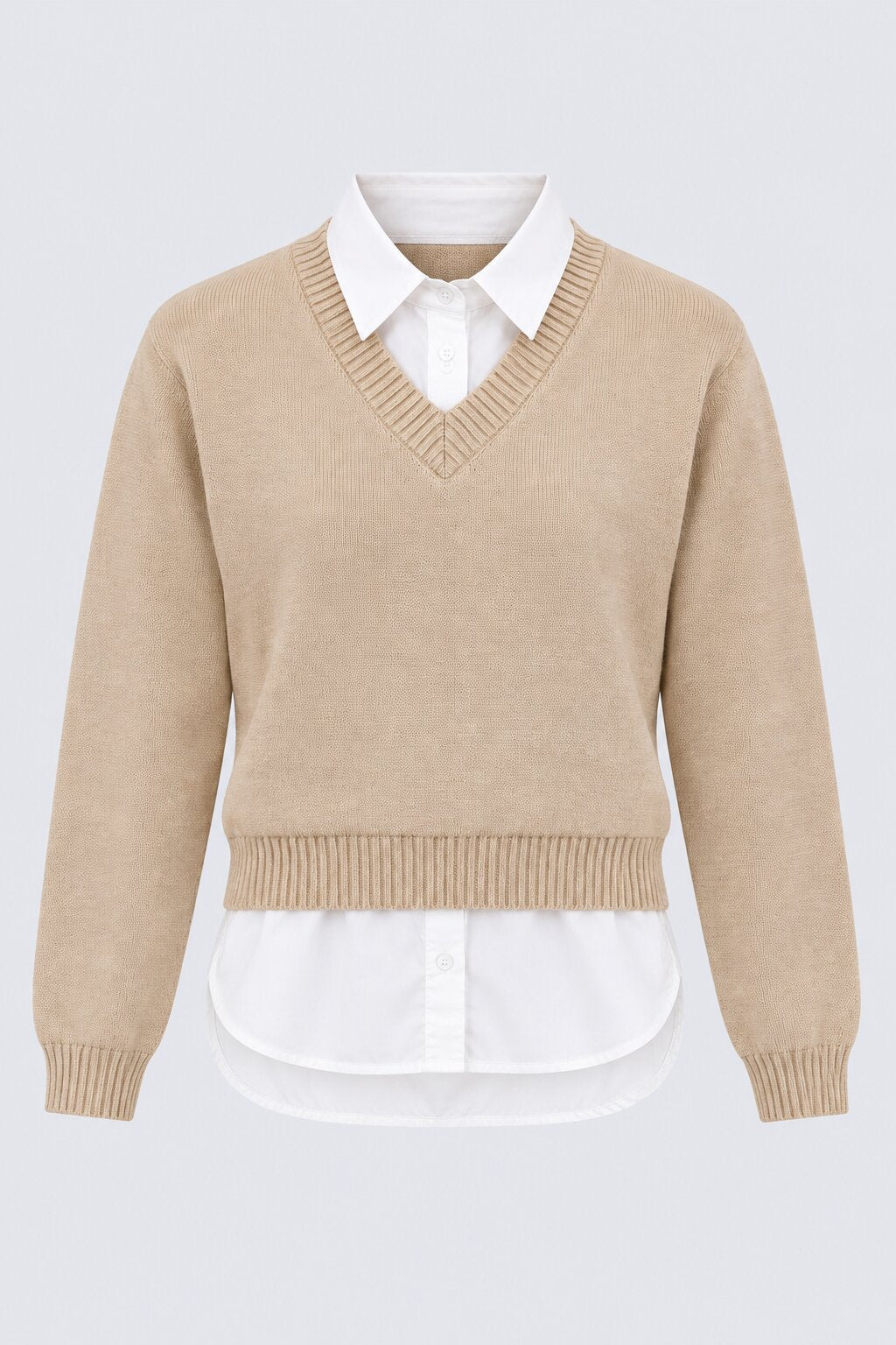 Womens Beige V-Neck Knit Pullover Sweater - Image 7