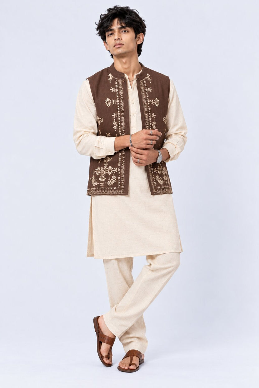 Mens Cream Solid Mandarin Collar Kurta - Image 1