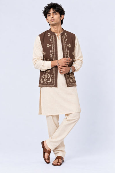 Mens Cream Solid Mandarin Collar Kurta