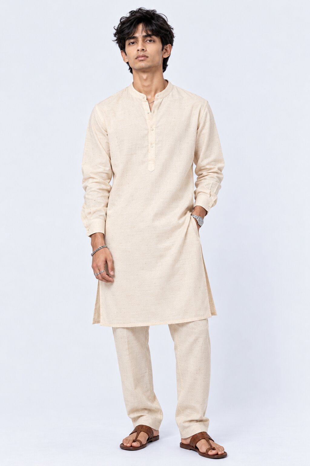 Mens Cream Solid Mandarin Collar Kurta - Image 2