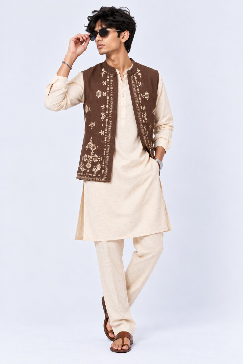 Mens Cream Solid Mandarin Collar Kurta - Image 6