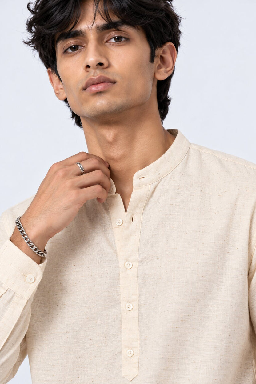 Mens Cream Solid Mandarin Collar Kurta - Image 9