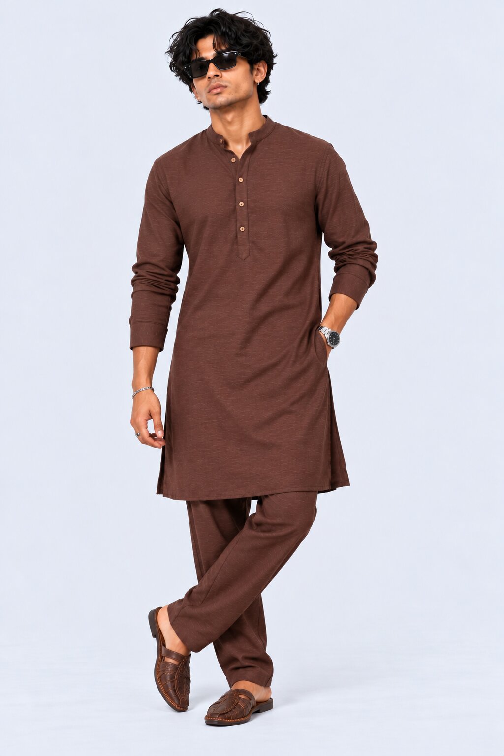 Mens Brown Solid Mandarin Collar Kurta - Image 1