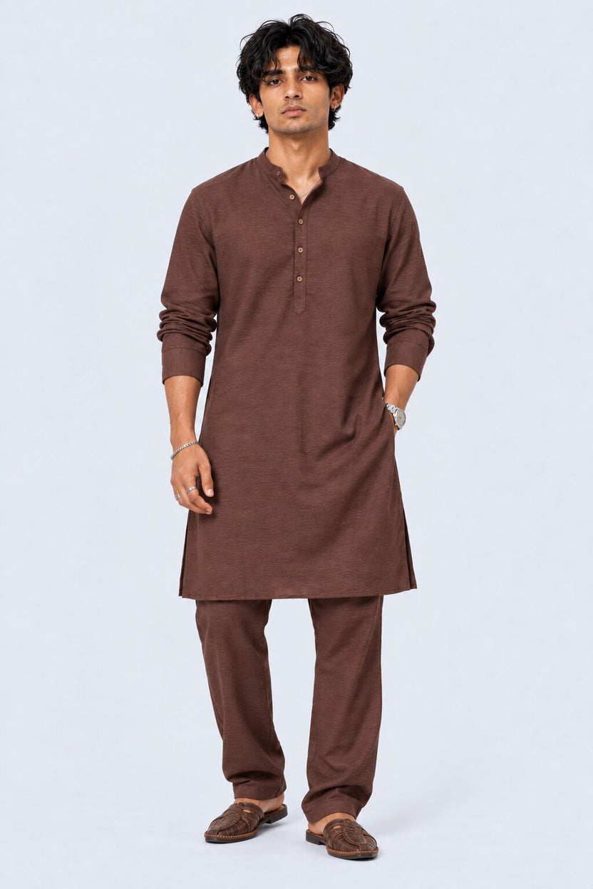 Mens Brown Solid Mandarin Collar Kurta - Image 2