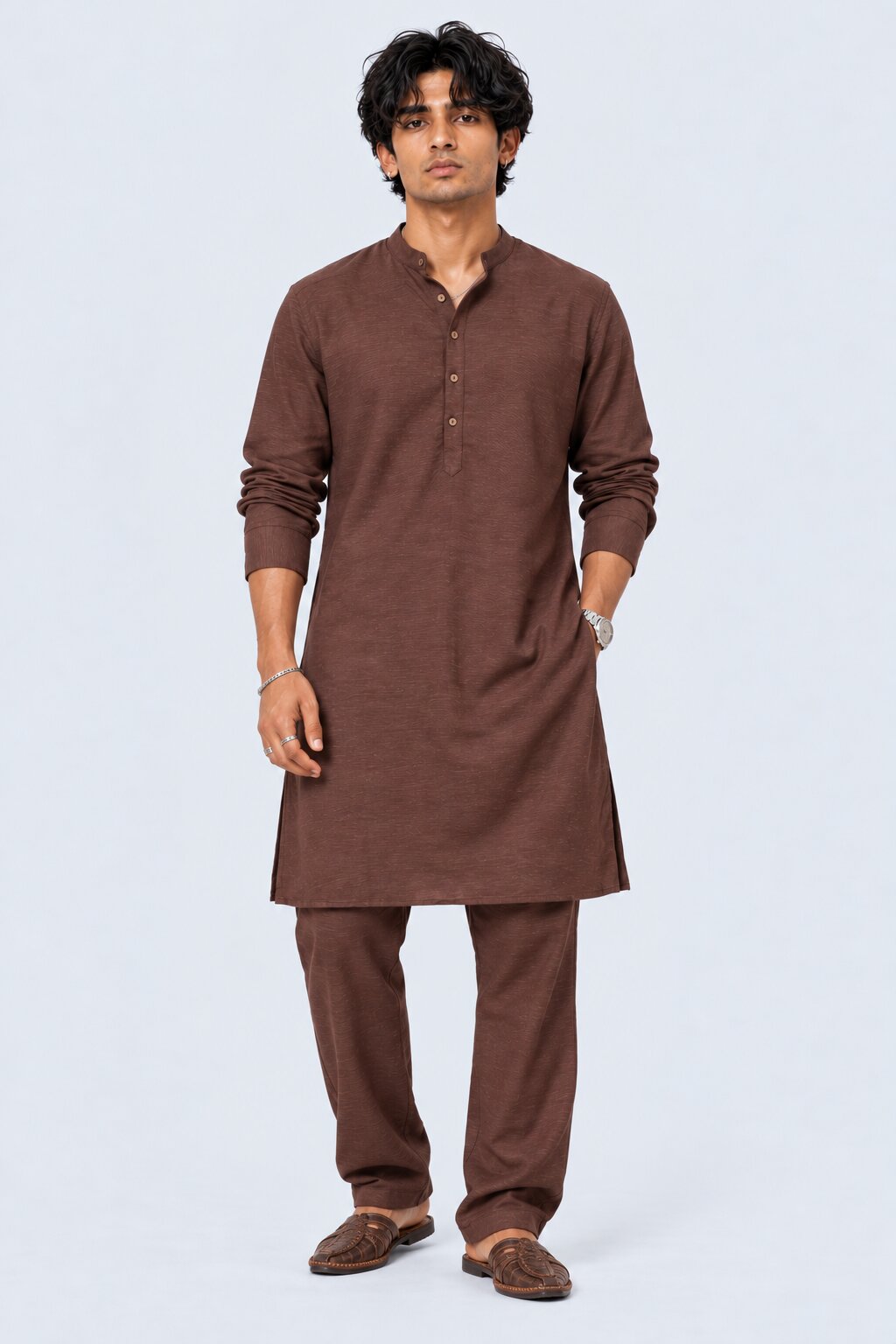 Mens Brown Solid Mandarin Collar Kurta - Image 2
