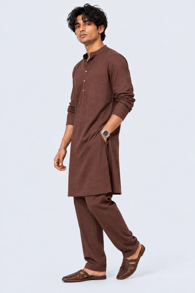 Mens Brown Solid Mandarin Collar Kurta - Image 4