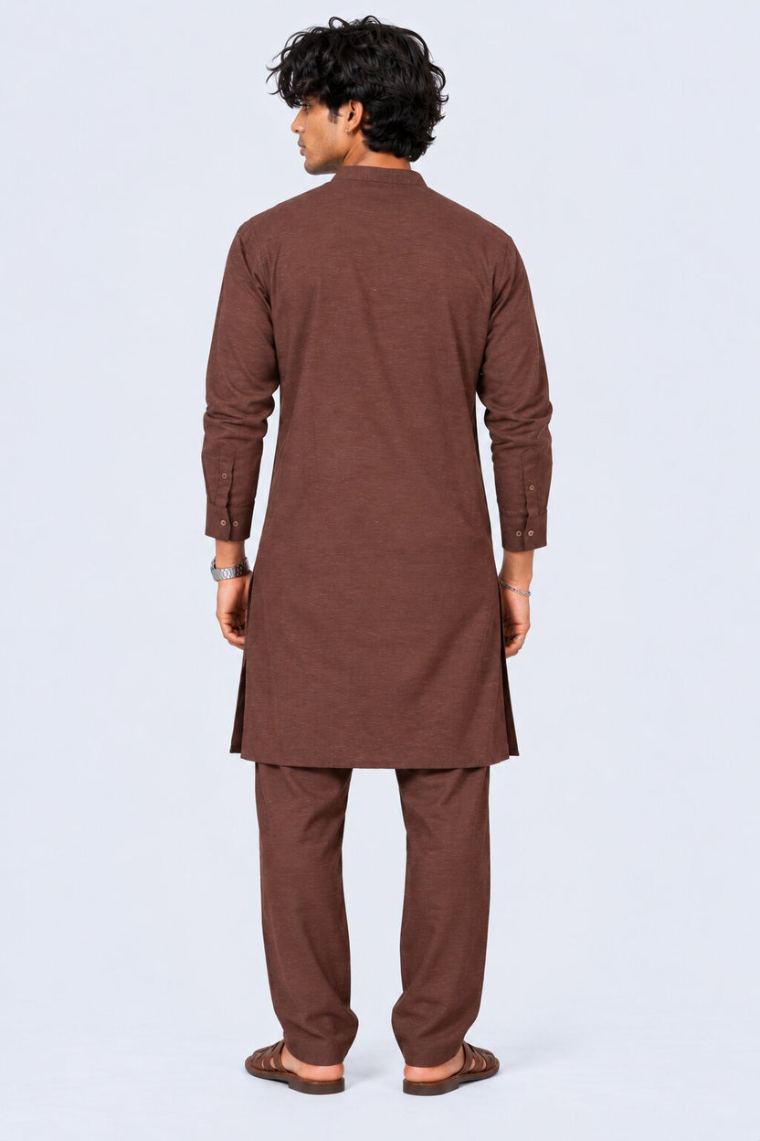 Mens Brown Solid Mandarin Collar Kurta - Image 5